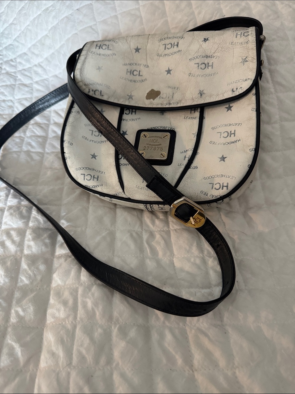HCL Designer Logo White & Black Crossbody Saddle Bag. HCL Made in Germany